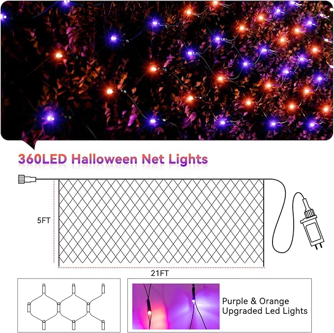 LitHome 21FT x 5FT Halloween Net Lights, 360 LED Purple Orange Bush Lights with 8 Modes, Connectable Waterproof Net Mesh Light Dark Green Wire for Bushes Shrubs Trees Outdoor Holiday Decor
