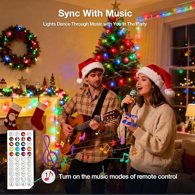 RGB Christmas Lights Outdoor, 98.4FT 300 LED Color Changing String Lights with Remote & Timer, Music Sync Multiple Modes Waterproof Christmas Tree Light for Home Party Holiday Xmas Decoration