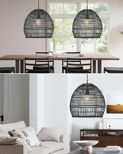 ELYONA 16” Large Rattan Pendant Light, Modern Black Wicker Chandelier, Hand Woven Boho Basket Hanging Light Fixtures for Farmhouse Dining Room Kitchen Island Living Room Bedroom Foyer (40cm*40cm)
