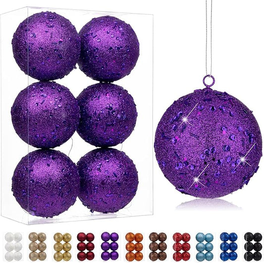 4" Large Christmas Balls Ornaments 6 Pcs Shatterproof Big Purple Christmas Ornaments for Xmas Tree Bulk Glitter Big Xmas Tree Ornament for Trees Halloween Holiday Wedding Party Decoration