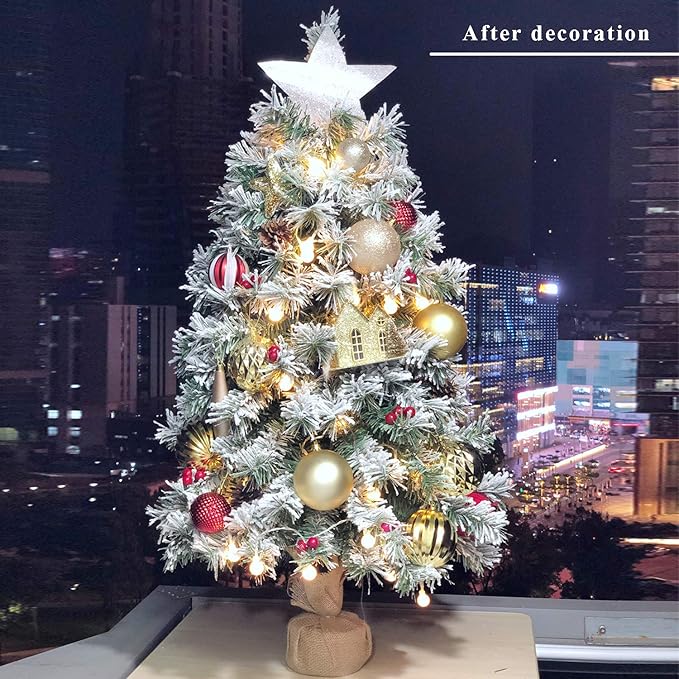 Pre-Lit Artificial Christmas Tree 3ft,Snow Flocked Xmas Pine Tree Decorated with 70 LED Lights,140 Branch Tips,7 Pine Cones,10 Red Berries Christmas Snow Tree for Desktop,Battery Powered