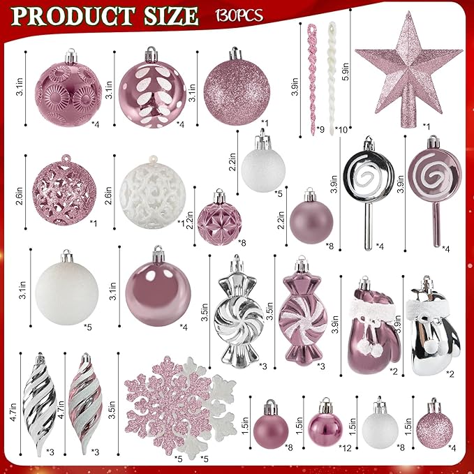 Shatterproof Christmas Ball Ornaments Set, 130 Pack Christmas Tree Decorations, Assorted Hanging Christmas Balls Bulk for Holiday Indoor Outdoor Xmas Party Decor (130 Pink)