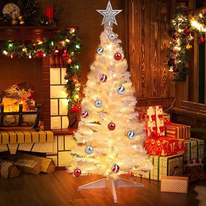 4 Ft Christmas Tree Remote Control 8 Modes Dual Color Change Timer 100 Warm White&Colored Lights 18 Christmas Ball Ornaments 3D Star Battery Operated Small Xmas Tree Table Indoor Holiday Party Decor