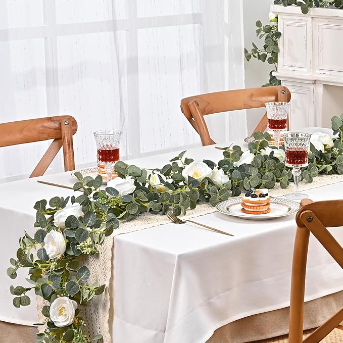 Dolicer 2 Packs 6.56Ft Eucalyptus Garland with Flowers - 8 White Roses, Artificial Flower Fake Rose Vine Faux Greenery for Wedding Backdrop Arch Table Wall Party Home Decor, Grey Green