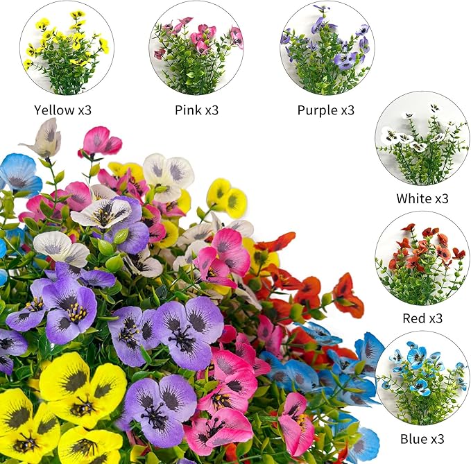 YHJZ Artificial Flowers Plants for Outdoor Indoor Garden Home Decoration Faux UV Resistant Silk Butterfly Flowers for Outside Planter Front Door Porch Yard Patio Window Box Home Decor(18 Bundles)