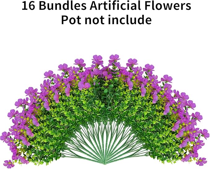 16 Bundles Artificial Flowers for Outdoors ,No Fade UV Resistant Realistic Purple Silk Daisy Fake Eucalyptus Summer Plants for Indoor Decoration Outside Planter Porch Home Garden Window Box Decor