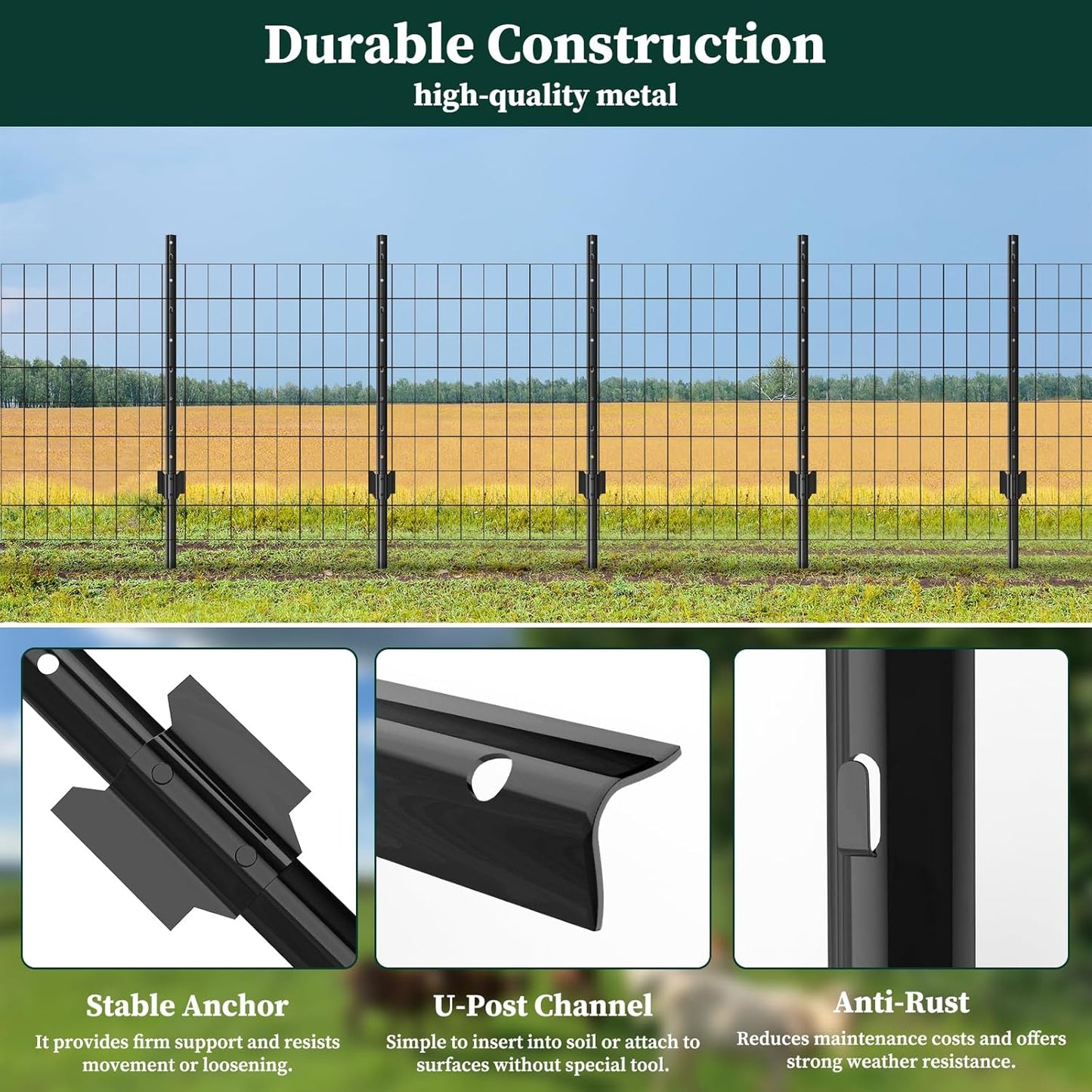 10 Pack Garden Fence Post, 3 Feet Heavy Duty Metal U-Post for Wire Fence, No Dig Garden Fence Stakes for Temporary Fencing, Electric Fence Wire, Corner Anchor, and More-Black