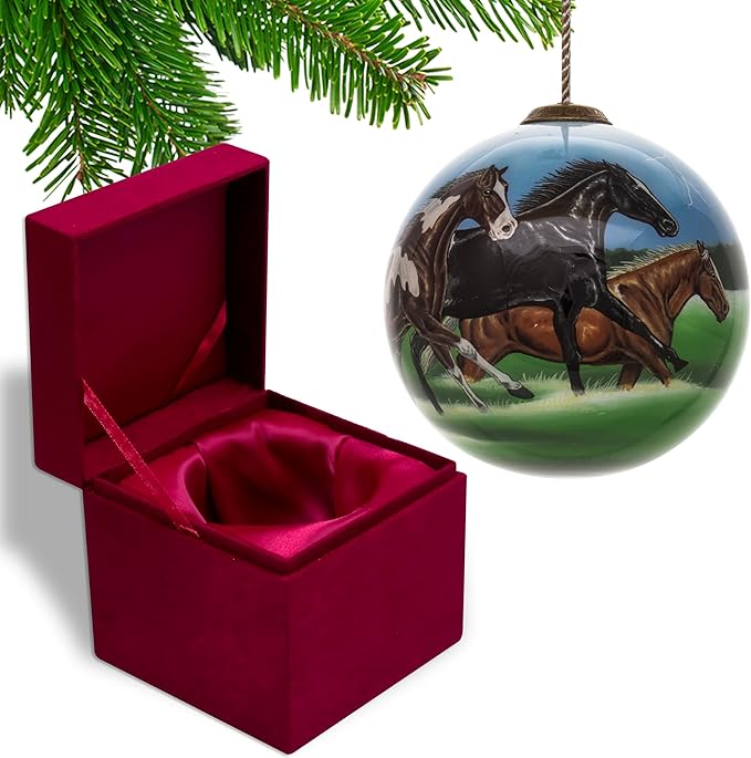 Running Horse Christmas Ornament – Hand-Painted Glass Horse Ornament for Christmas Tree – Black, Brown & Pinto Horses in Motion – Horse Ornaments for Equestrian Holiday Decor