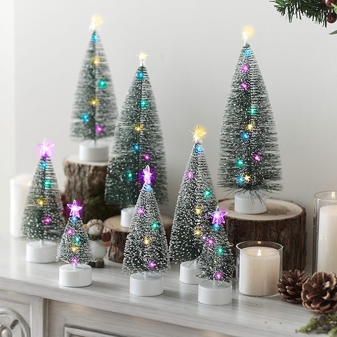 JOYIN 8 Pcs Mini Xmas Decor with LED Lights, Prelit Classic Small Christmas Tree in 4 Sizes with Star Topper, Tabletop Artificial Tree with Snow for Xmas Indoor Home Decor Holiday Festive (Green)