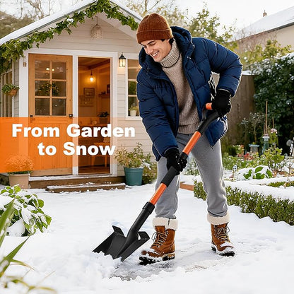 Snow Shovel, Heavy Duty 42'' Square Spade with Ergonomic D-Grip Handle, Extra-Wide Step & Fiberglass Shaft – Compact Winter Tool for Snow Removal, Car Emergency, Driveway & Sidewalk (Bright Orange)