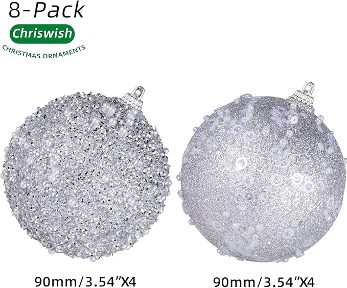 8CT Christmas Ball Ornaments, Silver Christmas Ball Decorations Shatterproof Plastic Hanging Pearl Balls for Holiday Party(90mm/3.54")