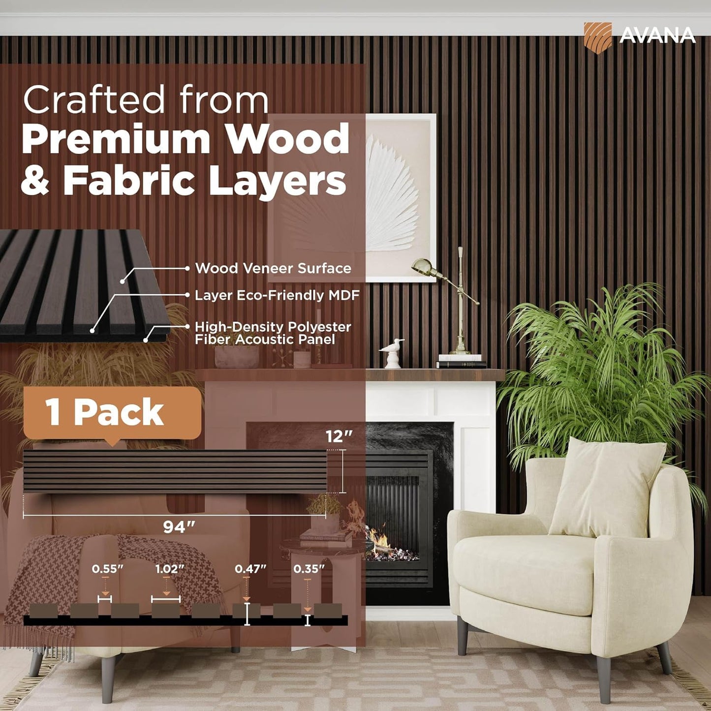 Avana Modern Acoustic Wood Wall Panels – 94.4x12.6 Inch Dark Walnut Acoustic Panels 1 PC – Wall Panels For Interior Wall Decor For Homes, Offices, Studios – Sturdy And Durable Wood Panels For Wall