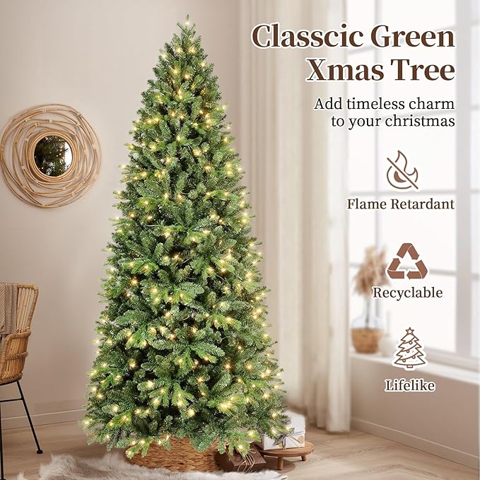 Prelit Artificial Christmas Tree 7ft,Green Spruce Christmas Tree Prelit with 400 Lights, 1318 Branches Tips Easy to Assemble for Home Holiday Outdoor Decorations