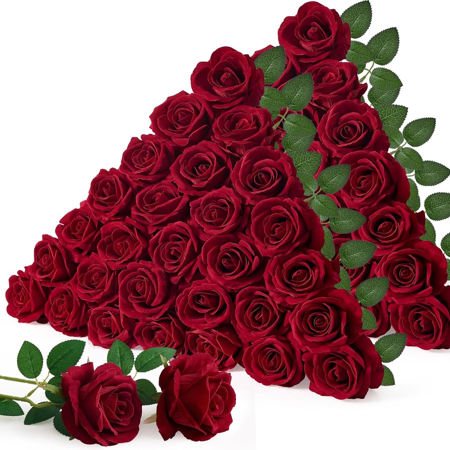 Serwalin 50pcs Artificial Red Roses, 4'' Velvet Flower Head Fake Rose Bulk, Real Touch Silk Roses Realistic Bouquet Long Stems Wedding Home Decor and Table Centerpiece