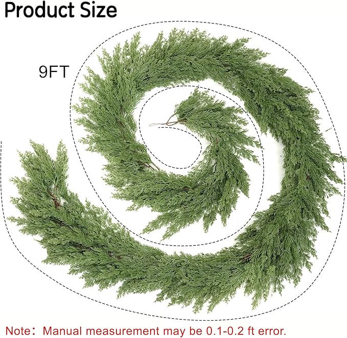 9FT Christmas Garland, Real Touch Cypress Pine Garlands, Green Artificial Cedar Garland Christmas Decorations for Home, Dining Table Mantel Porch Wall Stairs Winter Xmas Decor