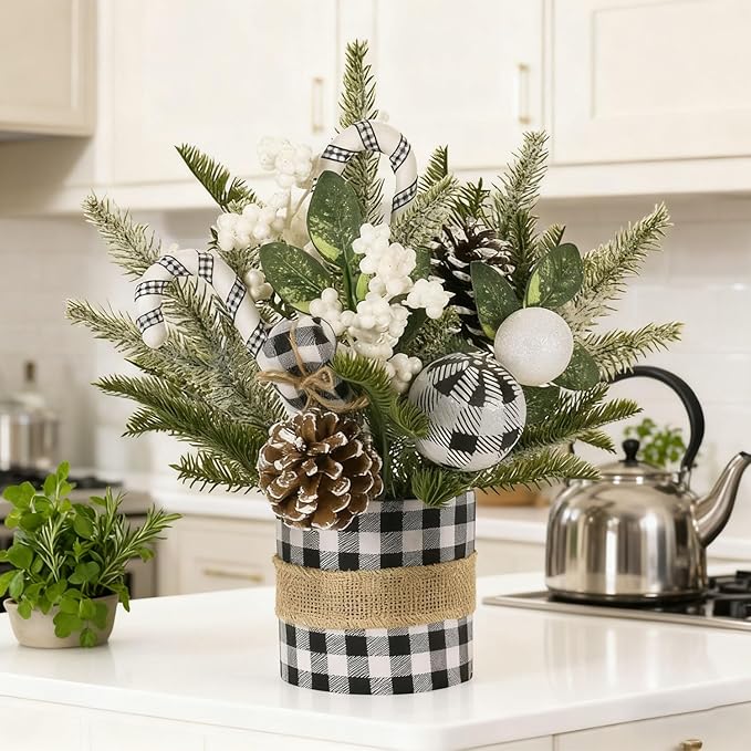 Small Christmas Tree for Tabletop, Artificial Mini Christmas Tree Decorations with White Berry Pine Cone Pine Picks, Xmas Ornaments Indoor Home Holiday Decor (Black)