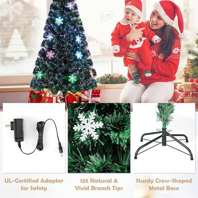 Goplus 4ft Pre-Lit Fiber Optic Christmas Tree, Artificial Xmas Full Tree with Colorful Snowflake LED Lights, 125 Branch Tips, Foldable Metal Base, for Office Home Holiday Decor