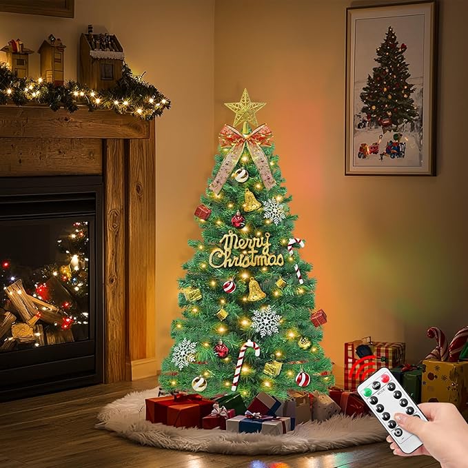 Remote Control-3 FT Artificial Mini Christmas Tree,Tabletop Small Christmas Tree with 50 Warm White & Multicolor Changing Lights Timer 8 Modes DIY Ball Ornaments,Home,Office,Indoor Holiday Decoration