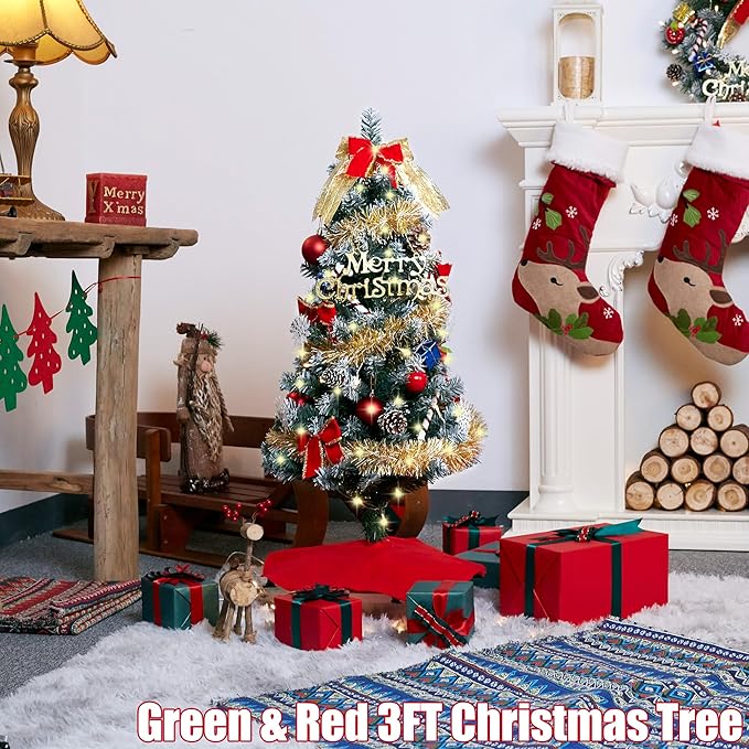 3ft Christmas Tree with Lights, Christmas 36inch Small Artificial Tabletop Tree, Xmas Desk Mini Tree with 50 LED Lights, Hanging Ornaments Decorations, Holiday Tree for Home Decor, Indoor, Office