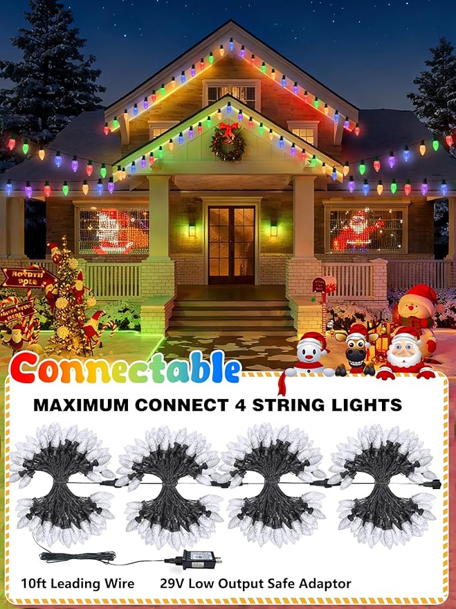 2-Pack Connectable C9 Christmas Lights Outdoor Indoor, 66 FT 100 LED Christmas String Lights Plug in with 8 Modes & Timer, Waterproof Fairy Twinkle Light for Xmas Tree Yard Decorations (Multi-colored)