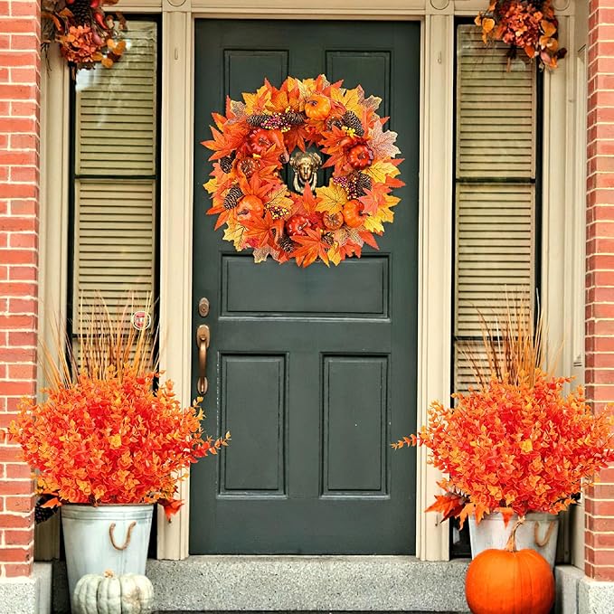 AmyHomie 20 Bundles Orange Fall Decor Artificial Flowers for Outdoor UV Resistant Faux Eucalyptus No Fade Fake Mums Plastic Plants Garden Porch Window Box Decorating