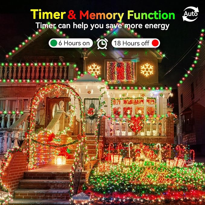 Hezbjiti 1000 LED 403 FT Christmas String Lights Outdoor, 8 Lighting Modes IP44 Waterproof Fairy Lights with Timer and Dimmable Function for Home Party Tree Decorations (Red+Green, Clear Wire)