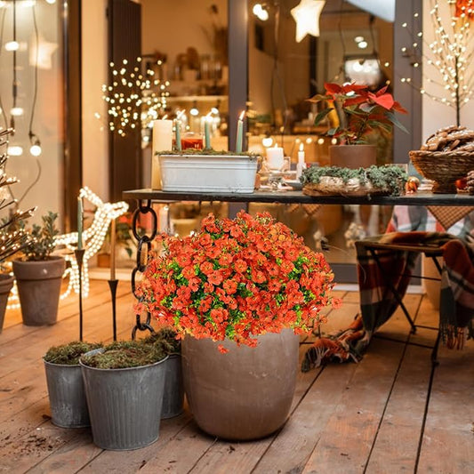 14 Bundles Fake Mums Fake Plants Artificial Mums for Outdoors Artificial Flowers for Yard Porch Home Garden Fall Indoor Outdoor Decor (Orange)