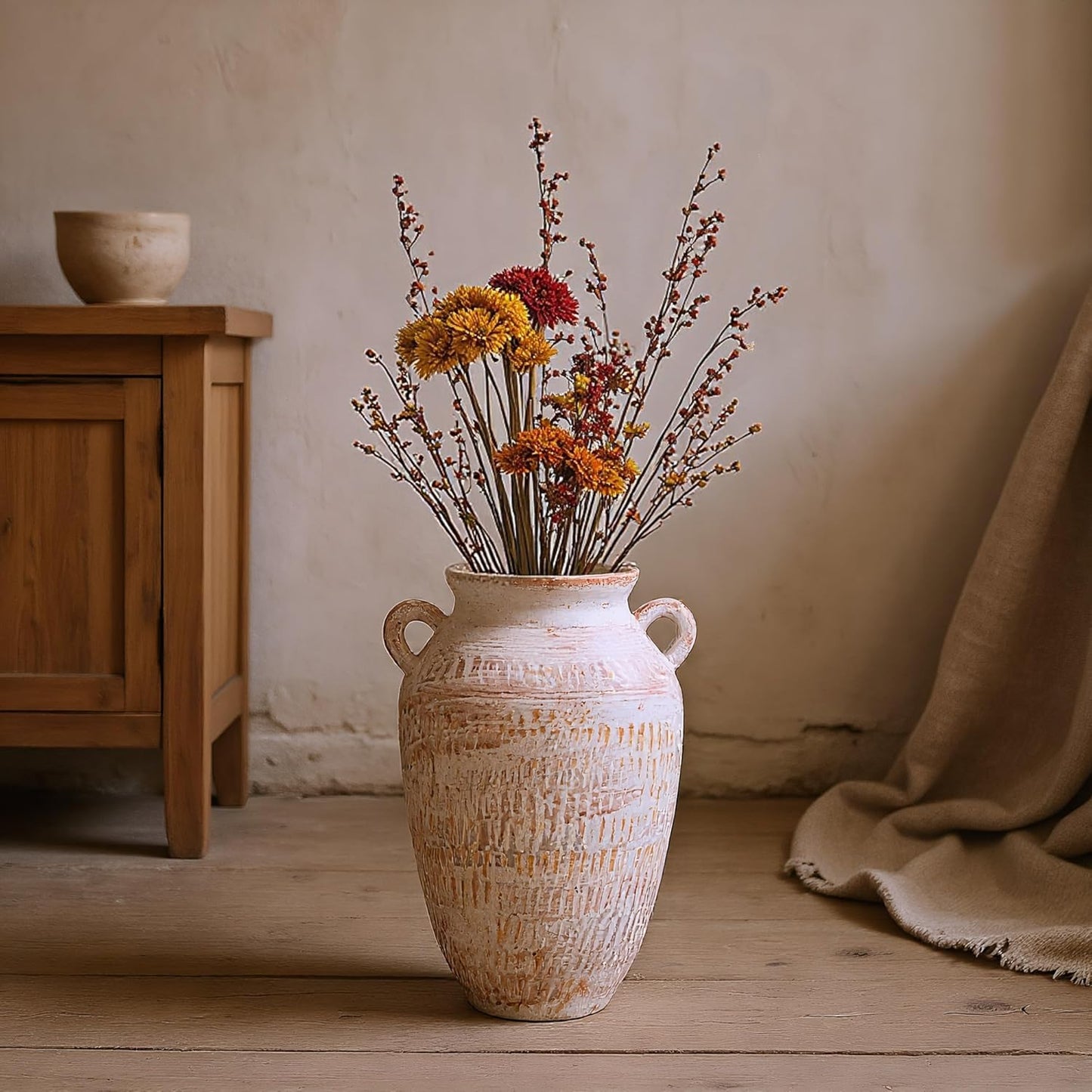 Vintage Ceramic Vase with Handles, 12.6" Height Distressed White & Brown Crackle Finish Planter, Handmade Pottery Flower Vase for Home Decor, Farmhouse, Boho Indoor Decor, with Waterproof Liner