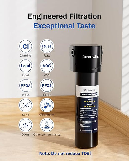 Dreamwills DS10 Under Sink Water Filter System, 1.3 GPM Direct Connect Kitchen Faucet Filtration, 3-Minute Tool-Free Install, Reduces Lead, Chlorine, Bad Taste, Retains Minerals, 1 Year