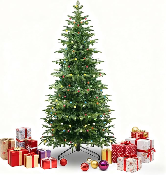 6ft Prelit Christmas Tree, Aspen Fir Artificial Christmas Tree with 210 Multicolor ETL Lights and Metal Stand, 8 Mode，PE & PVC Mixed Layered Xmas Tree for Holiday Home Decororation