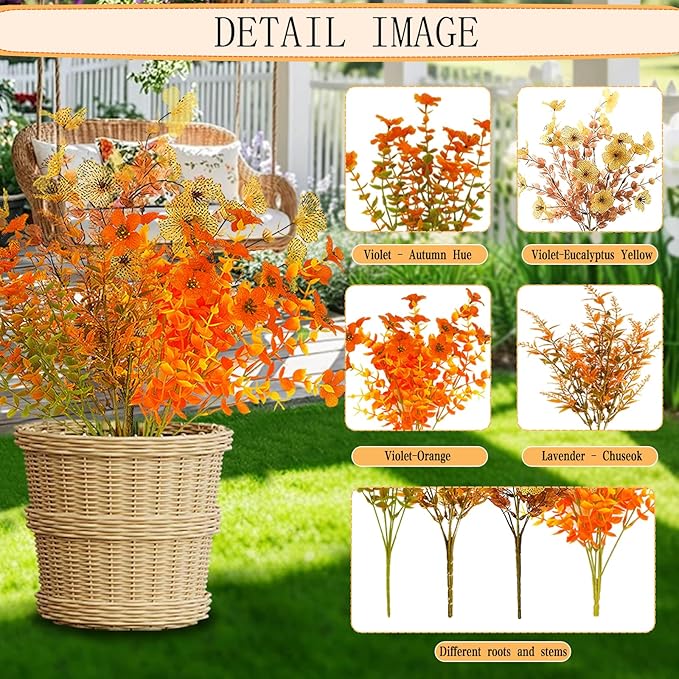 16 Bundles Artificial Flowers for Outdoor/Indoor Decoration, Plants for Outside, Fake Fall Plants. Suitable for Outdoor Flowerbed, Indoor and Outside Decorations (Orange).