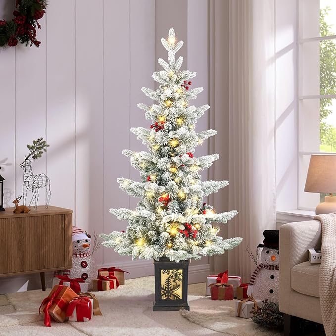 Small Pre-Lit Christmas Tree with LED Lights - 3.5FT Snow Flocked Ariticifial Tree with Vintage Snowflake Base, Battery Operated & Auto Timer for Home Office Xmas Decor