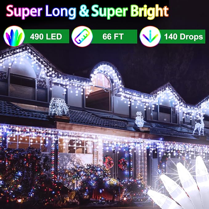 66FT LED Christmas Lights with 140 Drops, Outdoor Hanging Lights 490 LED 8 Modes, Outsite Fairy String Lights for Wedding Party Holiday Cool White