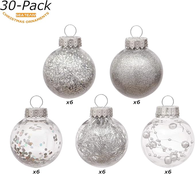 Sea Team 50mm/1.97" Shatterproof Clear Plastic Christmas Tree Ball Ornaments Set, Decorative Hanging Transparent Xmas Baubles with Stuffed Delicate Decorations (30 Counts, Silver)