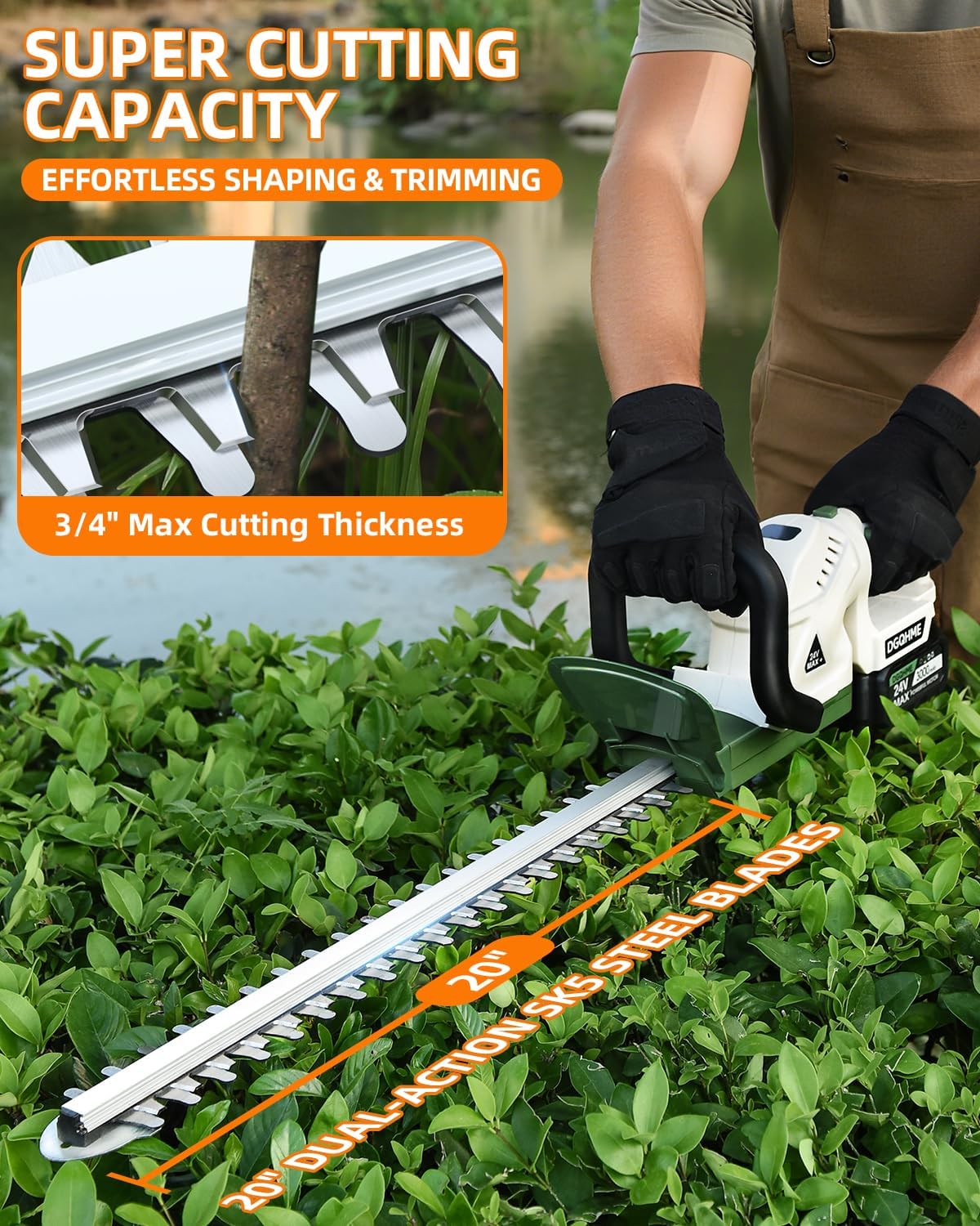 20" Hedge Trimmer Cordless with Battery,Electric Bush Trimmer,Lightweight Hedge Trimmers,3000RPM 180°Rotatable Head,3/4''Blade Gap Cordless Hedge Trimmer