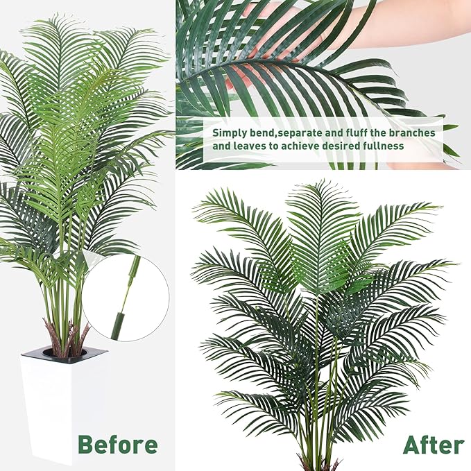 Artificial Palm Tree with White Tall Planter, 6ft Tall Potted Artificial Silk Palm Tree Plant, Fake Tropical Plant, Home Office Floor Room Decor Plants Indoor Outdoor, Housewarming Gift