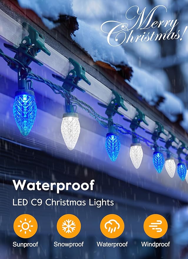 C9 LED Christmas Lights Outdoor, 68 Feet 100 LED C9 String Light with 100 Spring Clips, Waterproof Connectable Christmas Tree Lights for Outside Roofline Patio Home Xmas Decor, Blue & Pure White
