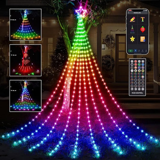 11.8 FT Christmas Decorations Outdoor Star String Lights,Smart APP Remote Control RGB Color Changing DIY 344 LED Waterfall Lights for Garden Yard Outdoor Xmas Decorations
