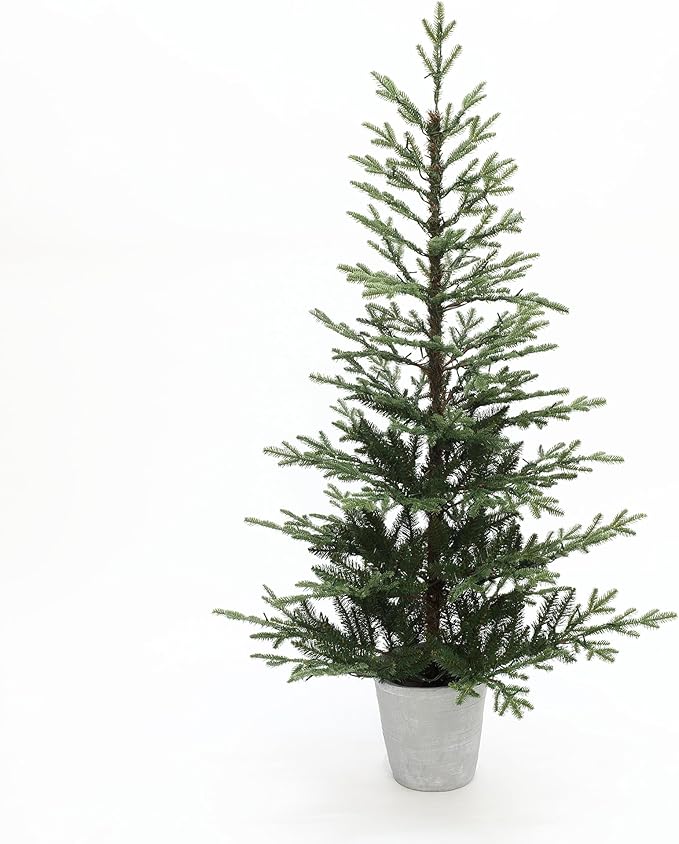 LuxenHome 5FT Potted Christmas Tree with Lights, Slim Small Christmas Trees with 200 Warm White LED Lights, Realistic Fir Artificial Xmas Tree with White Pot for Holiday Display