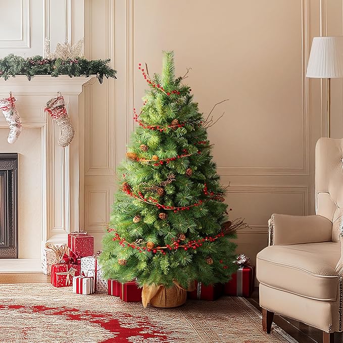 Christmas Tree, 4FT Tabletop Christmas Tree with Cloth Bag Base and LED Light, Pre-Lit Small Artificial Tree with Pine Cones & Red Berries, Christmas Decorative for Outdoor Indoor Porch