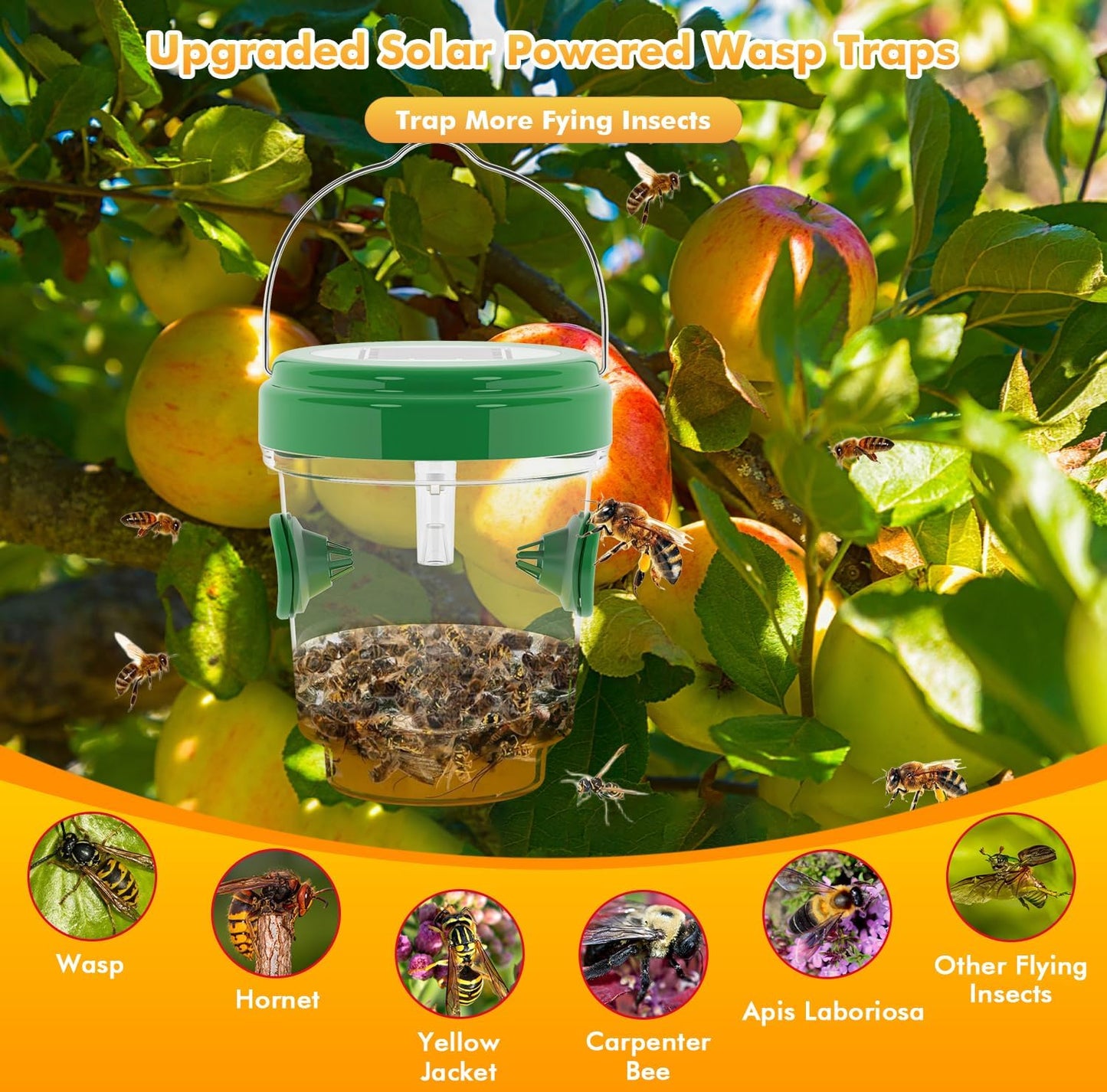 Wasp Traps for Hunting Wasps, Bees, Hornets, Insects, Yellow Jacket Traps, Wasp Trap Catcher, Reusable Solar Powered Hanging for Outdoor, 4 Packs