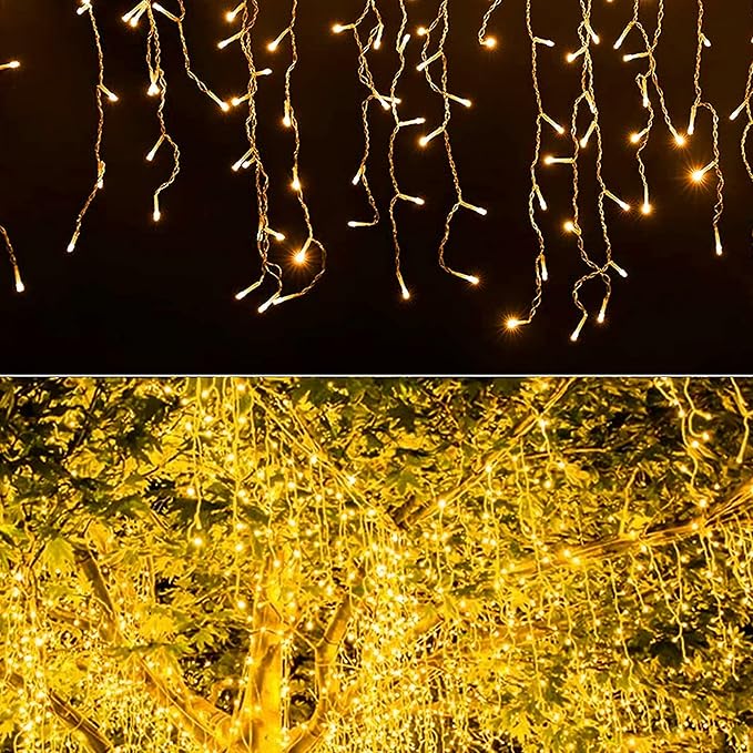 Dazzle Bright 360 LED Christmas Icicle Lights, 29.5 FT 8 Modes Curtain Fairy Lights with 60 Drops, Connectable Xmas String Lights for Outside Holiday Wedding Party Decorations (Warm White)