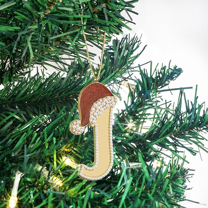 2025 Christmas Ornaments, Letter J Ornaments for Xmas Tree|Hanging Christmas Red Hat Ornament for Mother Best Friends Sister Wife|J-Letter Ornament