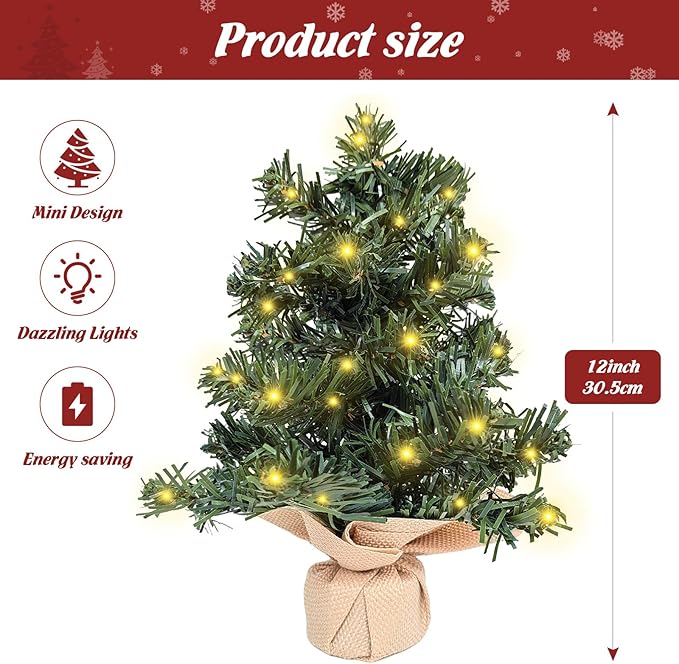 FR 12 Inch Tabletop Christmas Tree,Mini Artificial Christmas Tree,Equipped with LED Lights,Suitable for Desktop Centrepiece,Mantelpiece,Indoor DIY Christmas Decoration