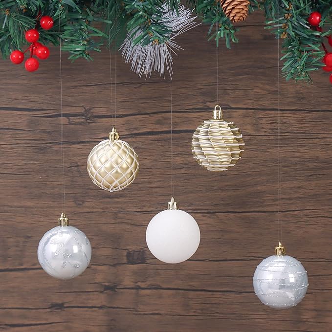 100PCS White and Gold Christmas Ornaments Set, Shatterproof Christmas Ball Ornaments Bulk, Assorted Decorations Baubles Hanging Ornaments for Christmas Trees Holiday Party Decor (White & Gold)