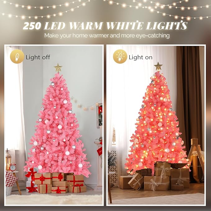 VINGLI 6ft Pink Pre-lit Artificial Christmas Pine Tree with 250 Warm White Lights, Xmas Tree Holiday Party Decorations with Sturdy Metal Stand, Full 900 Tips Branch, 8 Color Modes