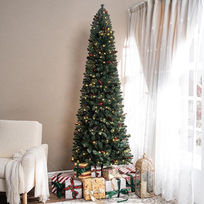 Naomi Home 6.5ft Pencil Christmas Tree with Lights, Realistic Pre-Decorated Slim Christmas Tree Prelit with 754 Branch Tips, 250 Warm Lights and Metal Stand, Aritificial XmasTree