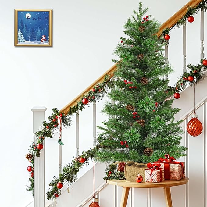 Dual Color Change&Remote Control 3Ft Realistic-Feel PE Artificial Christmas Tree with Lights,50 Warm White&Colors Lights,12 Mode Timer,Red berry Pine Small Mini Norfolk Tree Burlap Base Tabletop Decor