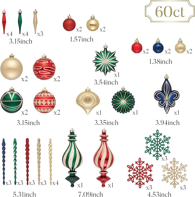 Valery Madelyn Fall Ornaments for Christmas Trees, 60ct Red Green Blue and Gold Shatterproof Christmas Tree Decorations, Luxury Hanging Ball Ornaments Bulk for Thanksgiving Autumn Harvest Decor