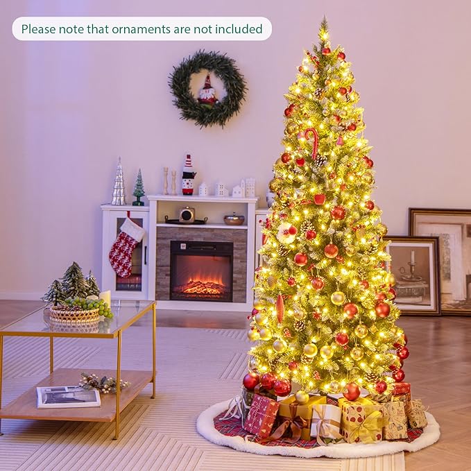 GOFLAME 6FT Pre-Lit Pencil Christmas Tree, Artificial Xmas Tree with 618 Branch Tips, 33 Pine Cones, 32 Clusters of Red Berries & 280 Warm White LED Lights, Holiday Decoration Tree for Home Party